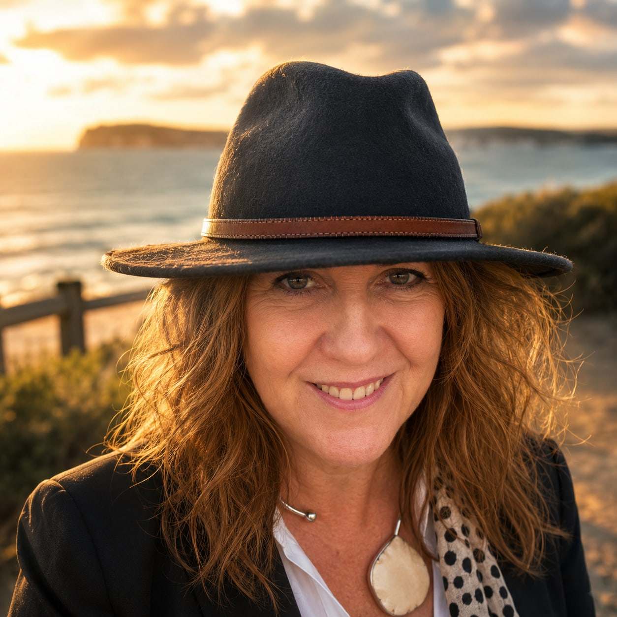 Jules Wheeler smiling at sunset on the Bellarine coast in a dark felt hat